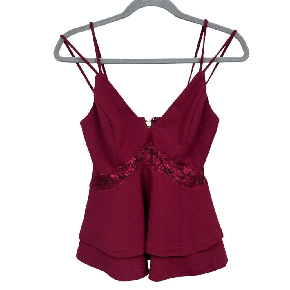 Akira Womens Camisole Tank Top V Neck Lace Back Spaghetti Straps Merlot Sz M*